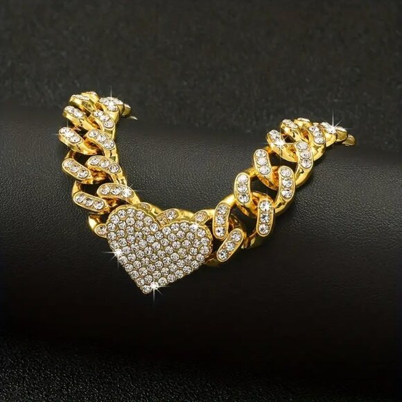 Beautiful Iced Out Yellow Gold Plate Heart Bracelet - Picture 2 of 3
